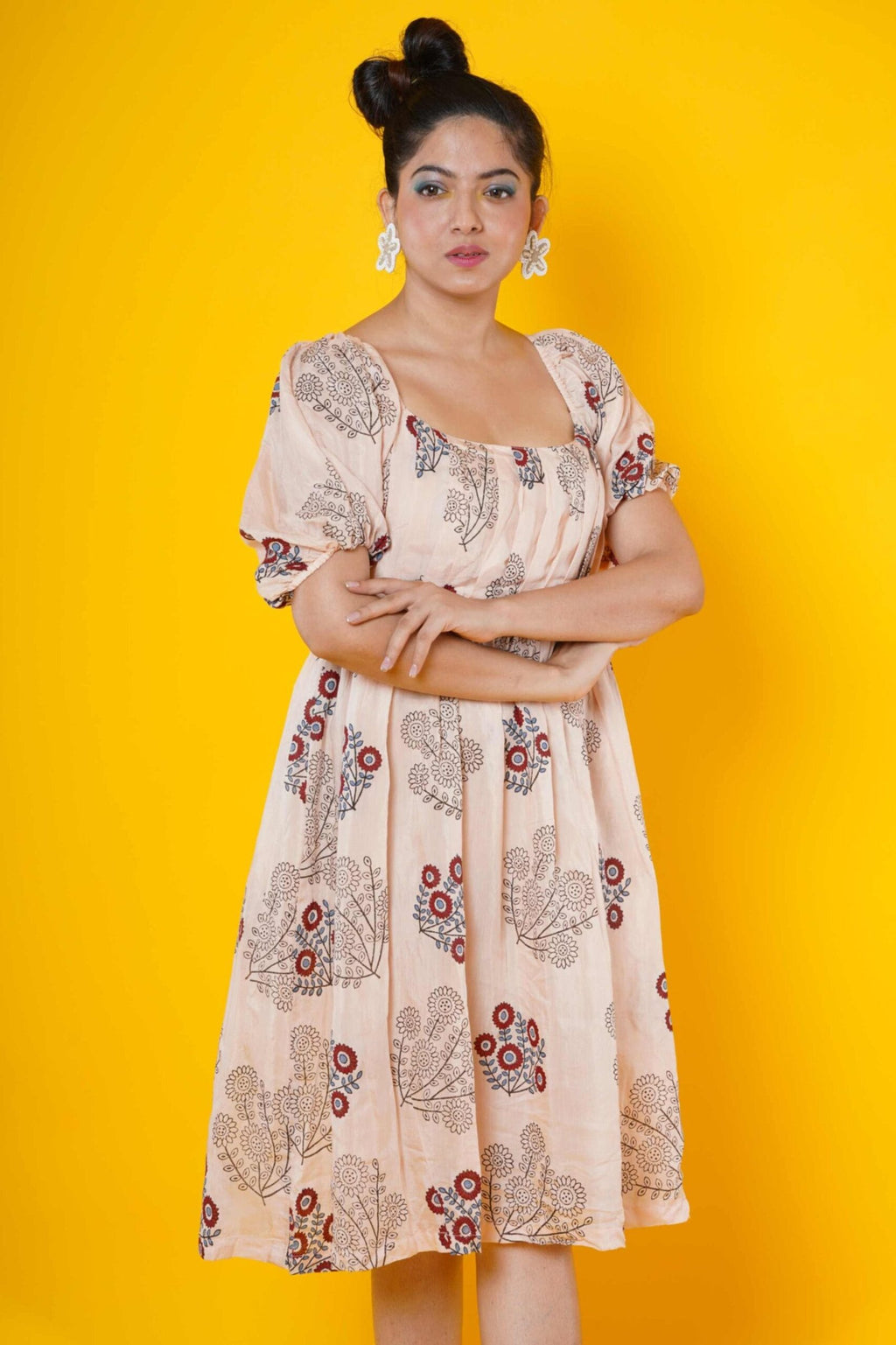 Peach Colour Muslin Block Print Dress With Pleated Yoke