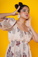 Peach Colour Muslin Block Print Dress With Pleated Yoke