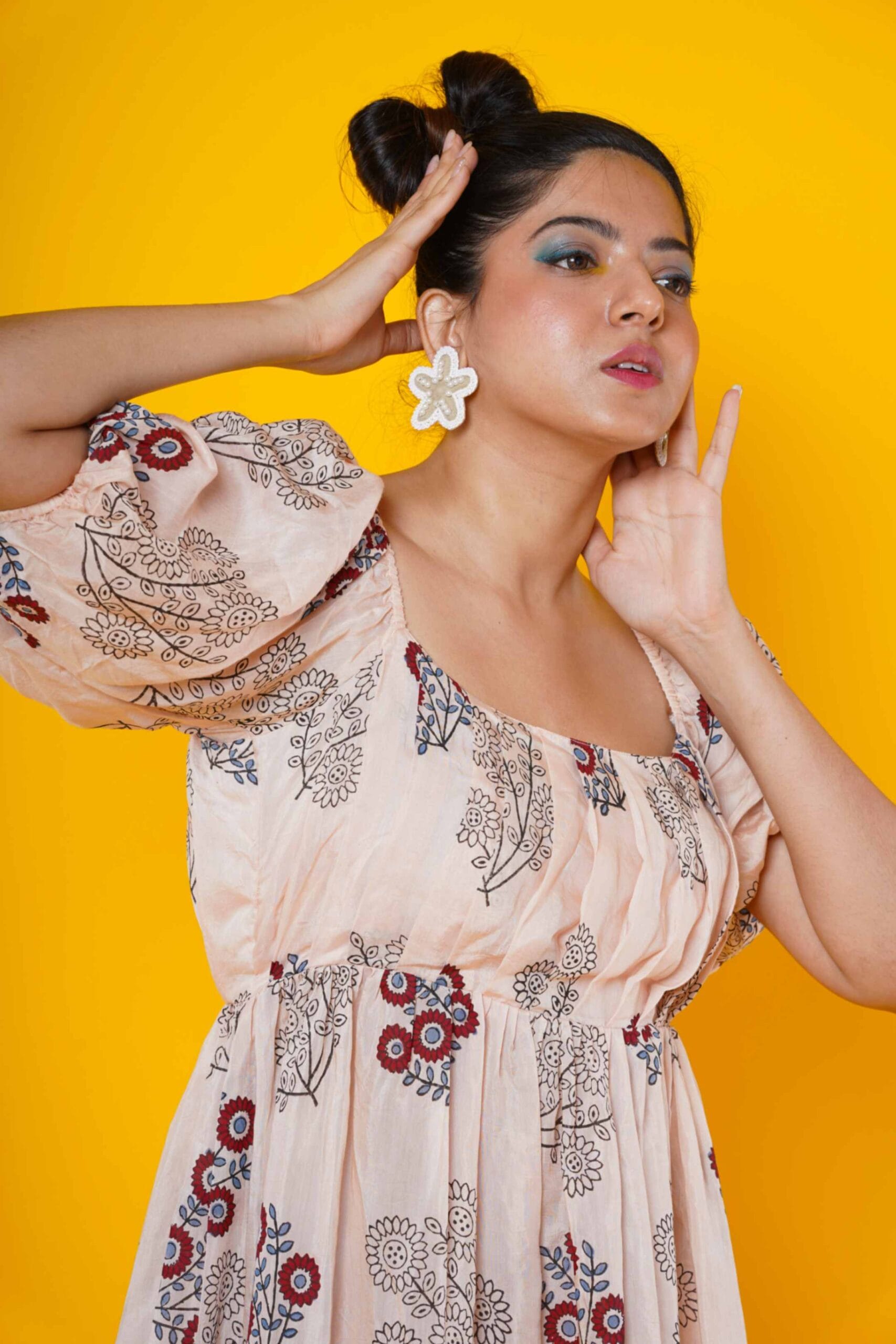 Peach Colour Muslin Block Print Dress With Pleated Yoke
