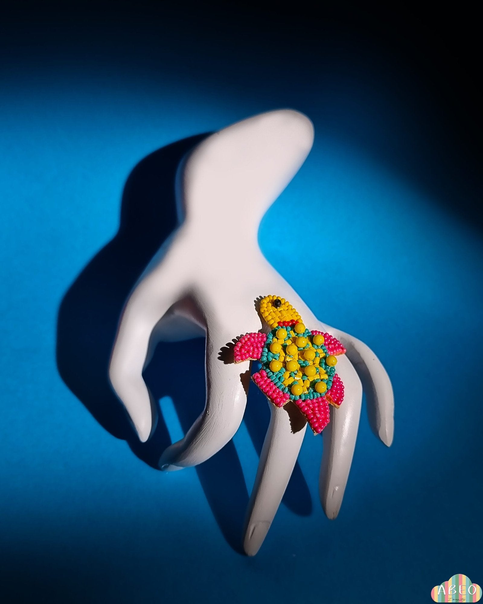Pink and Yellow Turtle Beaded Ring