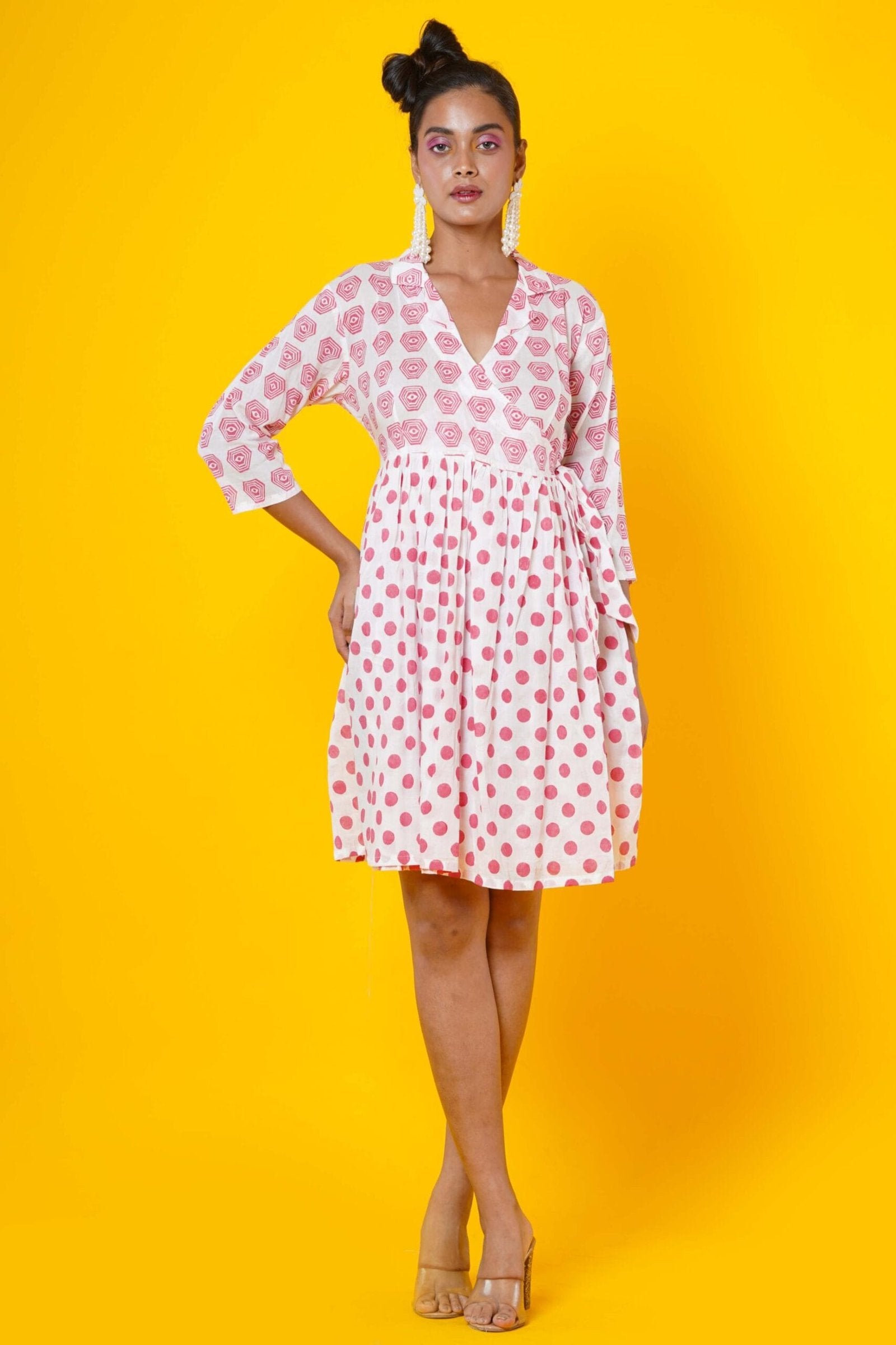 Polka Dots Block Print Cotton Midi Dress For Women