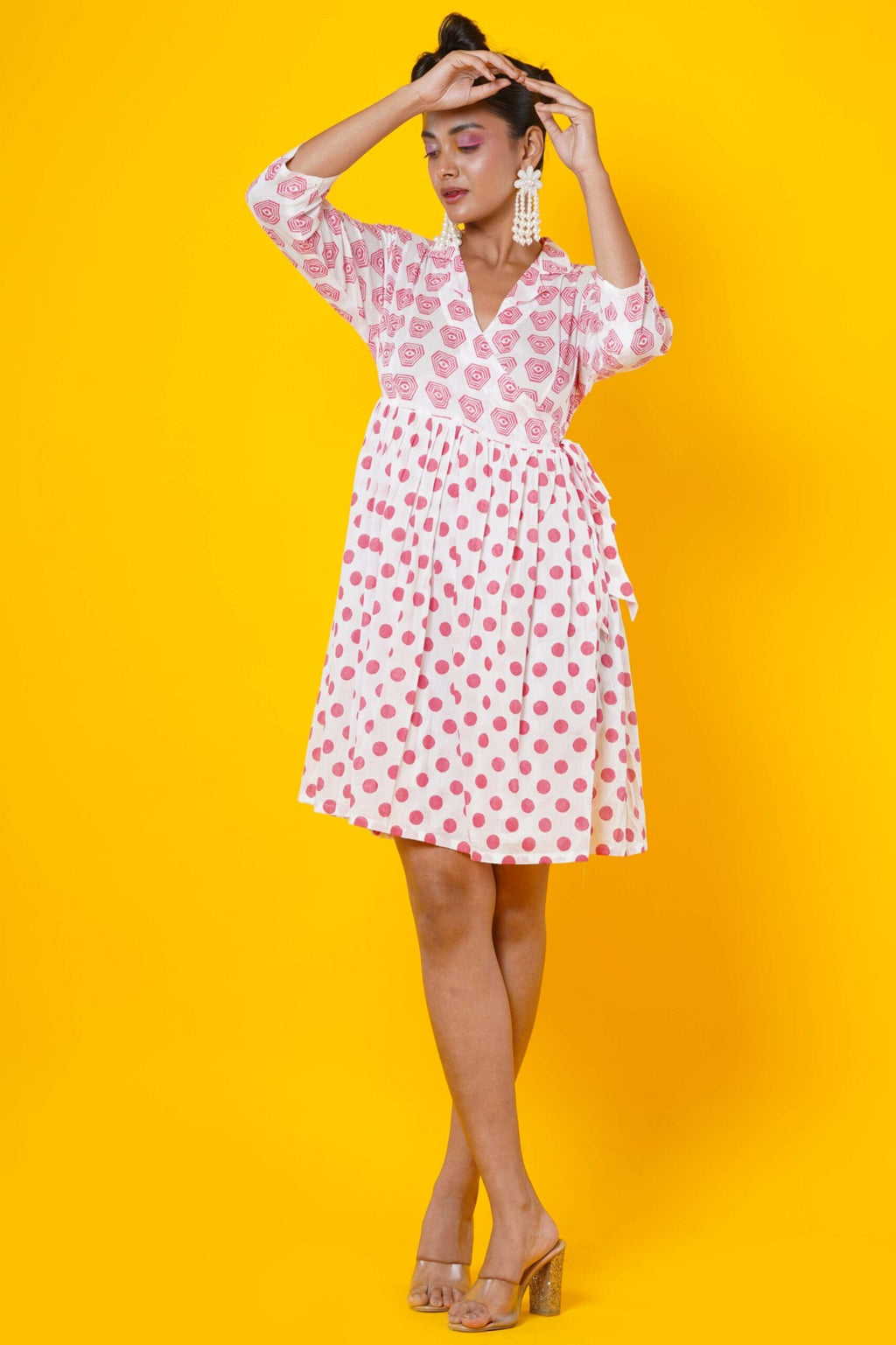 Polka Dots Block Print Cotton Midi Dress For Women