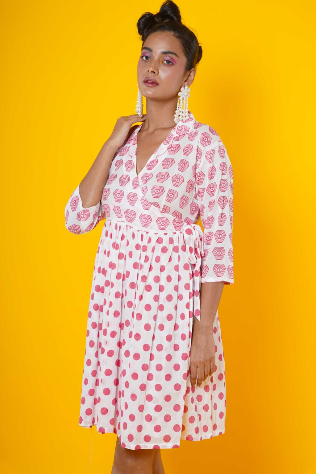 Polka Dots Block Print Cotton Midi Dress For Women