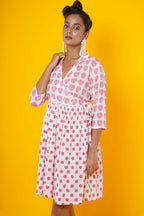 Polka Dots Block Print Cotton Midi Dress For Women