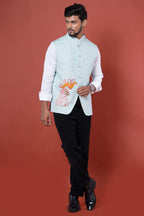 Powder Blue Embroidered Blue Cockatoo Nehru Coat