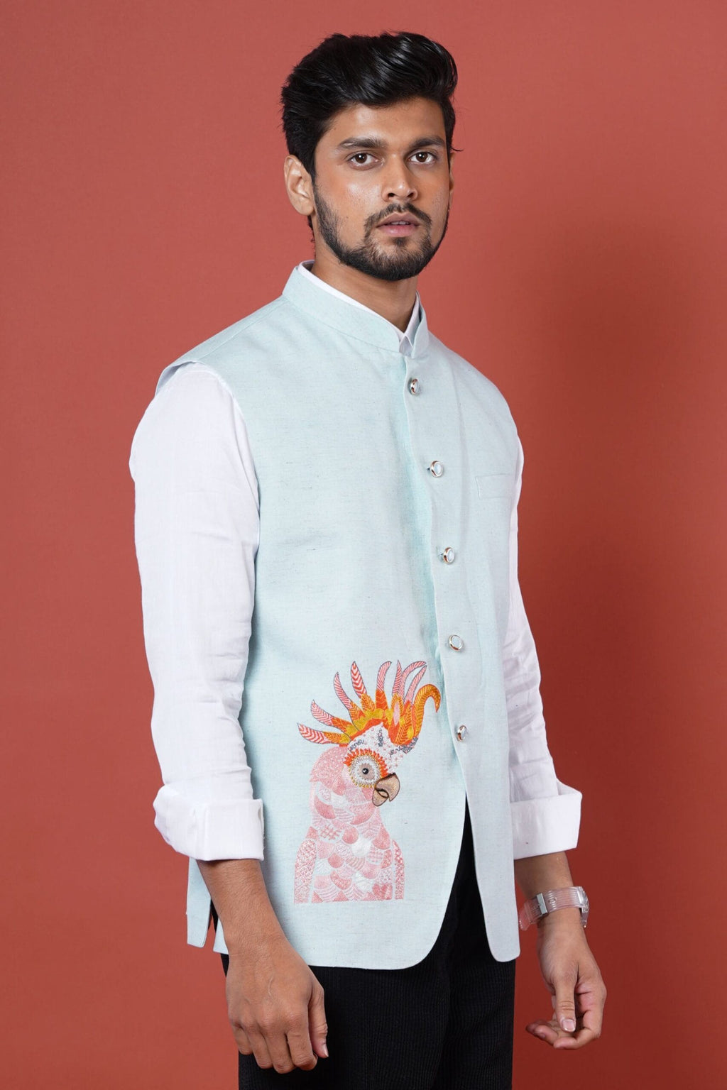 Powder Blue Embroidered Blue Cockatoo Nehru Coat