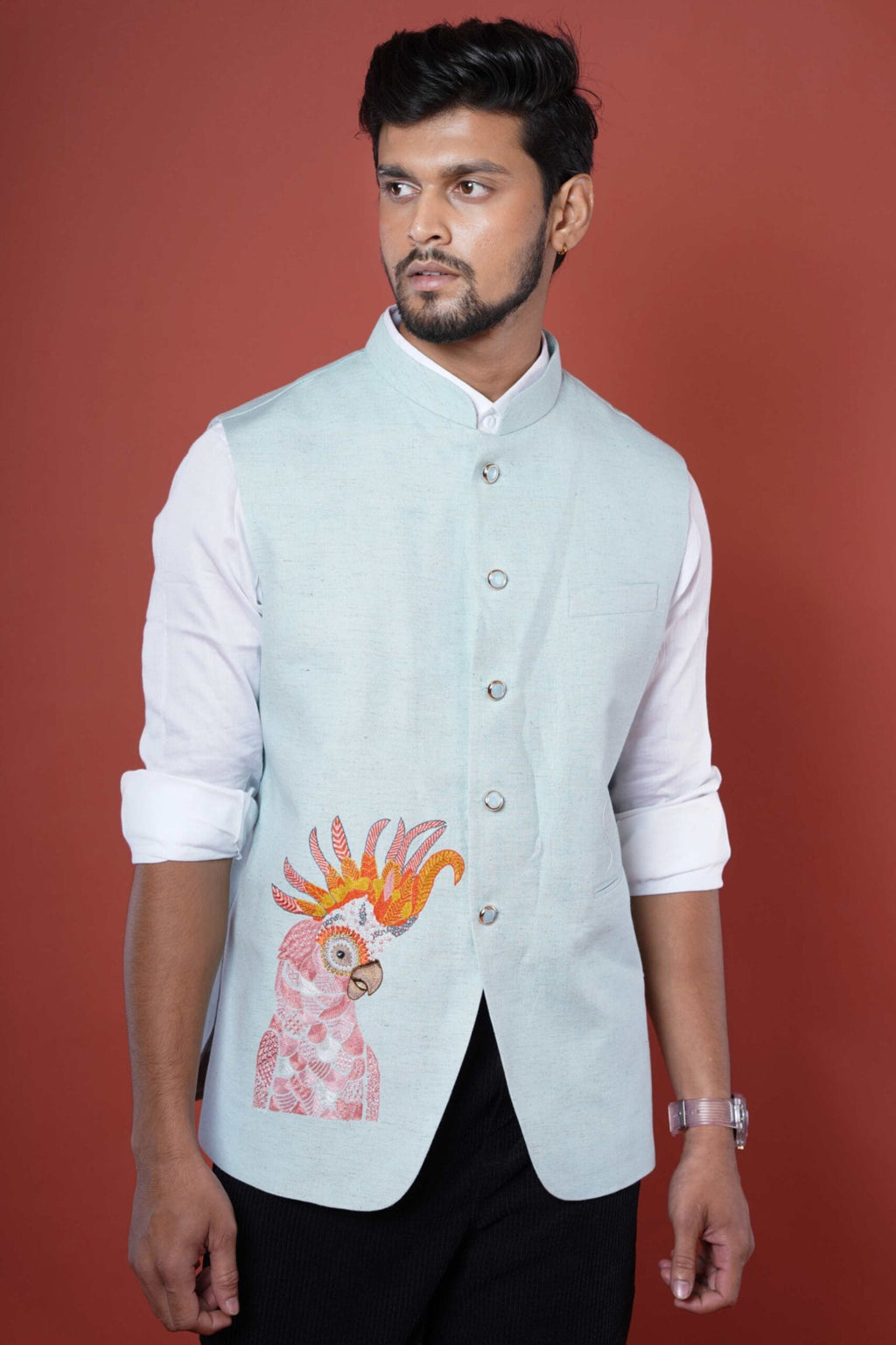 Powder Blue Embroidered Blue Cockatoo Nehru Coat