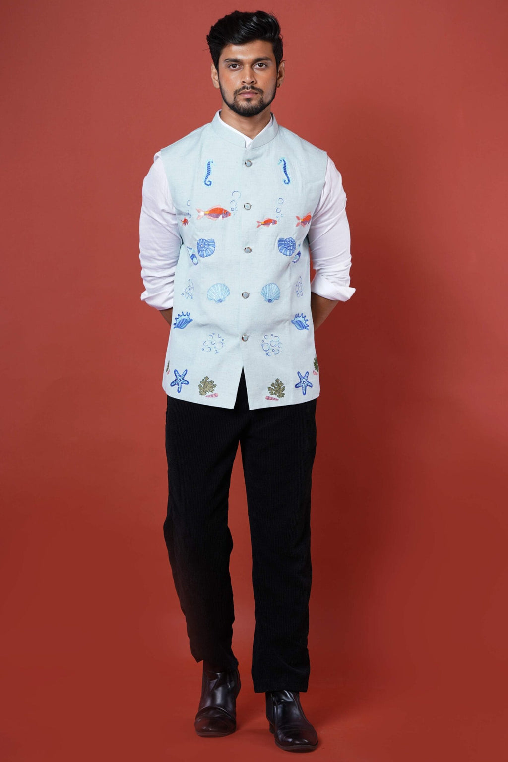 Powder Blue Embroidered Underwater Theme Nehru Coat