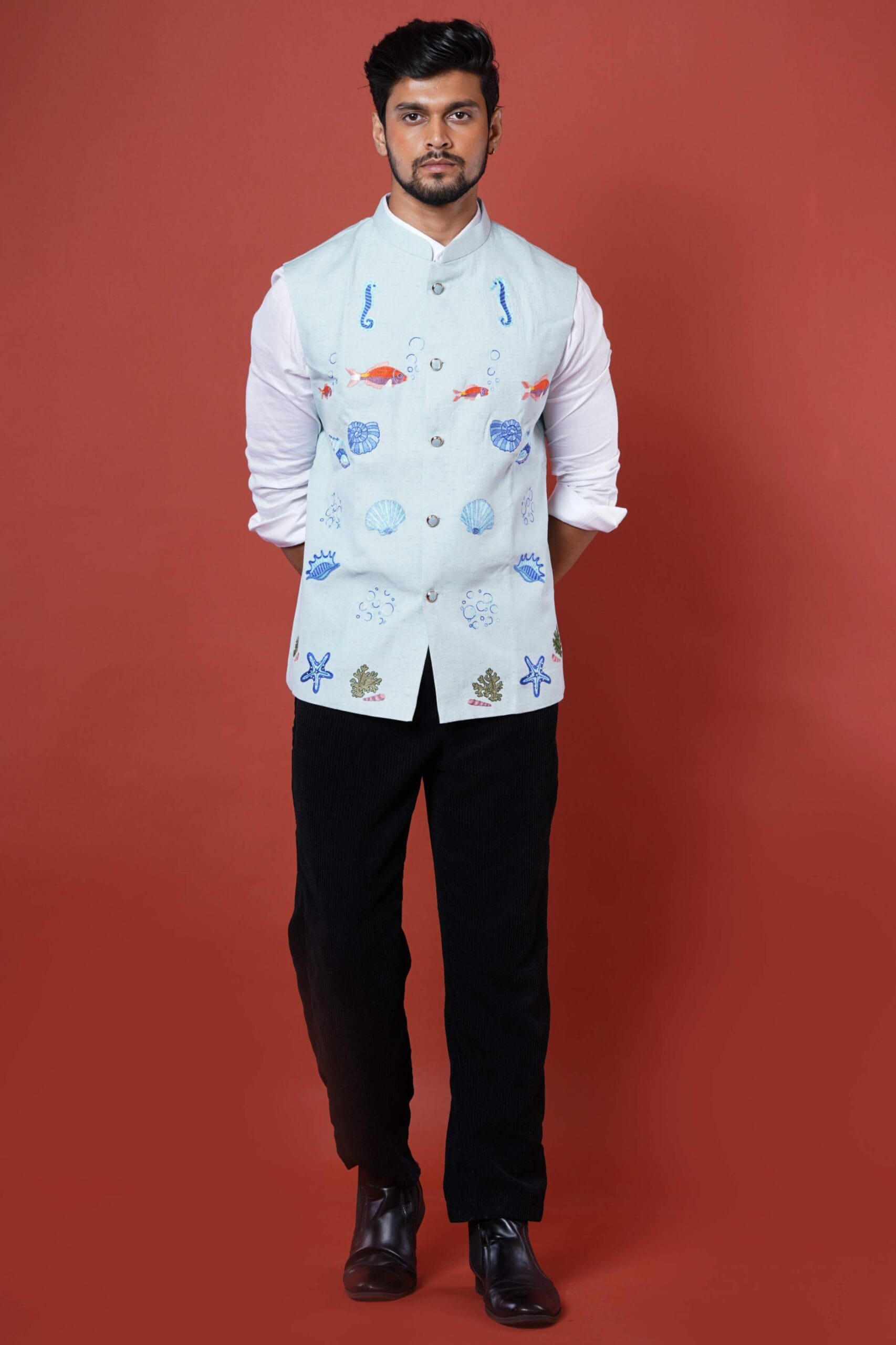 Powder Blue Embroidered Underwater Theme Nehru Coat
