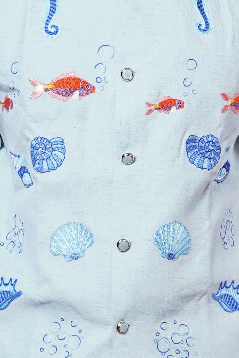 Powder Blue Embroidered Underwater Theme Nehru Coat