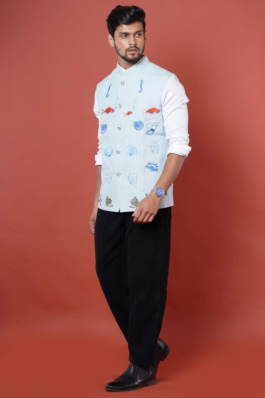 Powder Blue Embroidered Underwater Theme Nehru Coat
