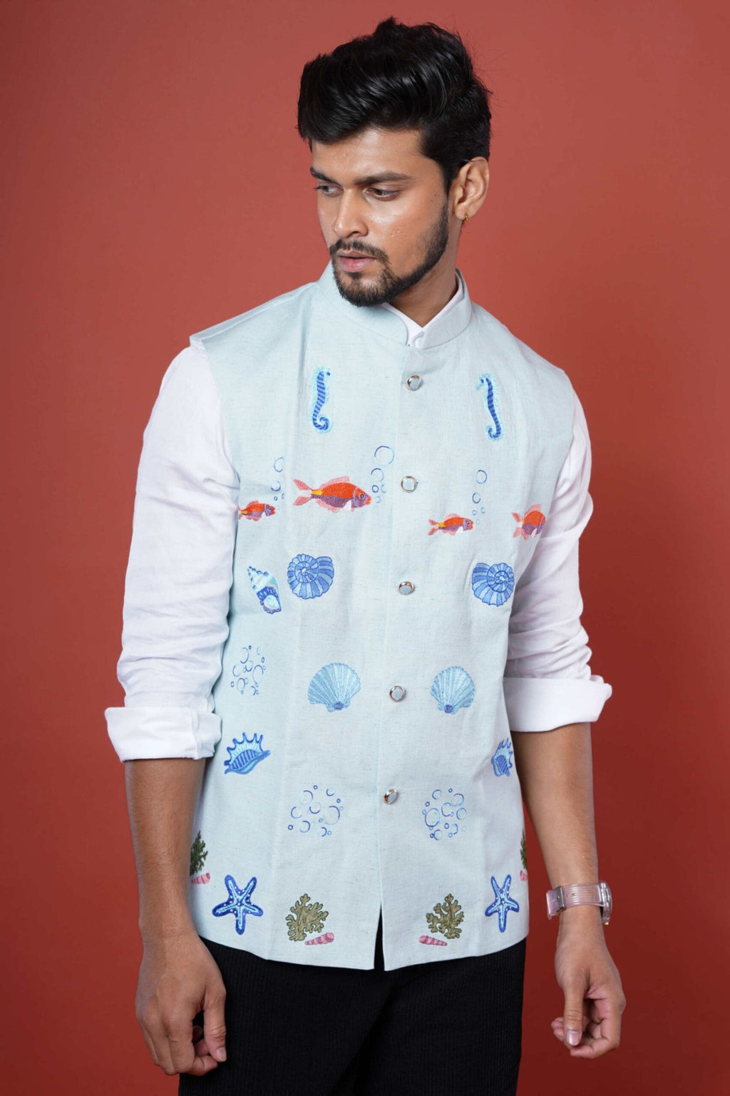 Powder Blue Embroidered Underwater Theme Nehru Coat