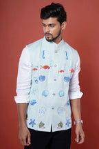 Powder Blue Embroidered Underwater Theme Nehru Coat