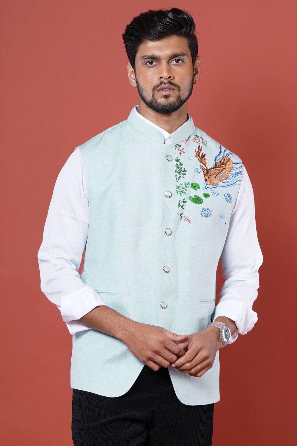 Mens Nehru Coat With Deer Hand Embroidery