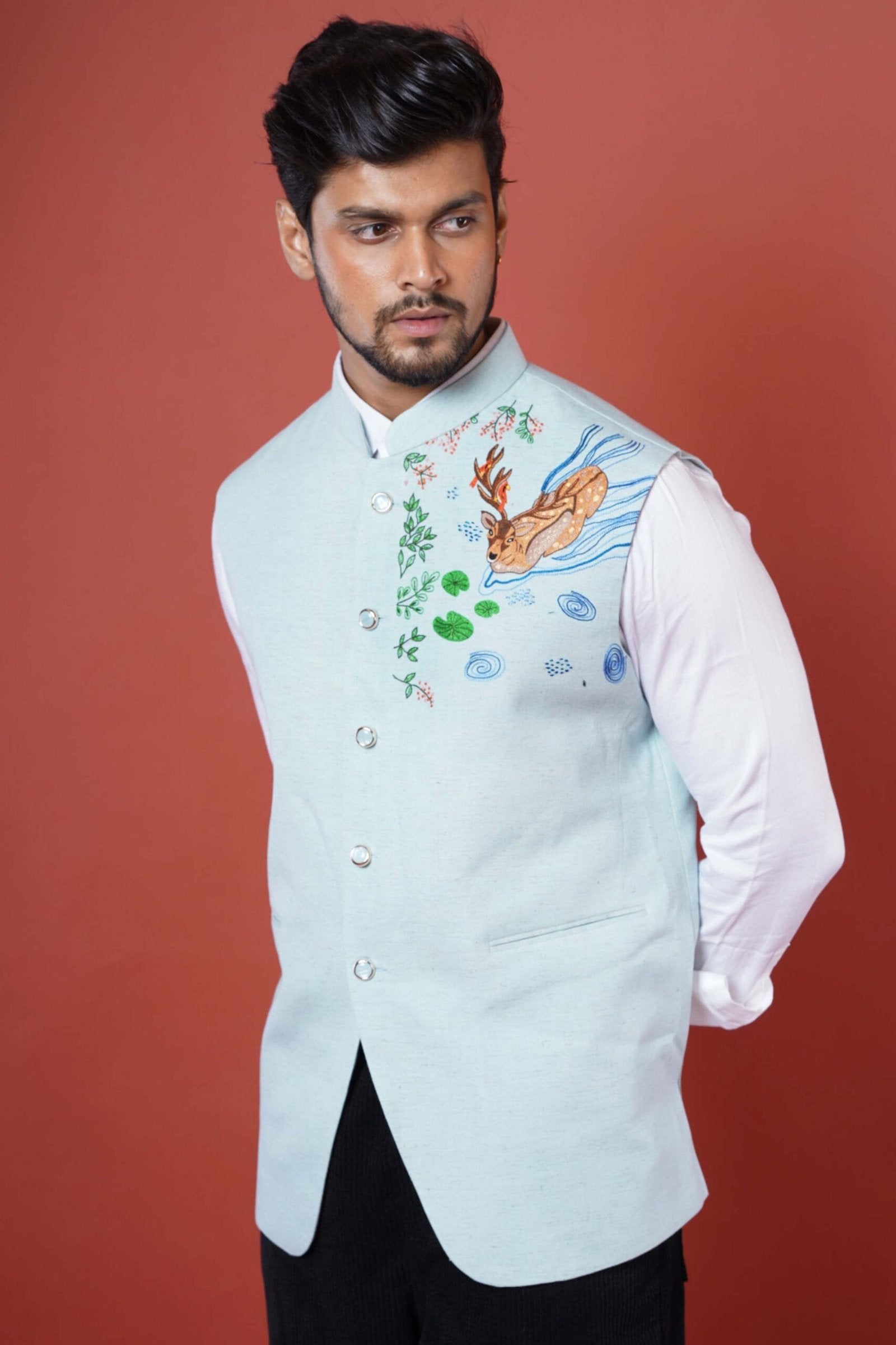 Mens Nehru Coat With Deer Hand Embroidery