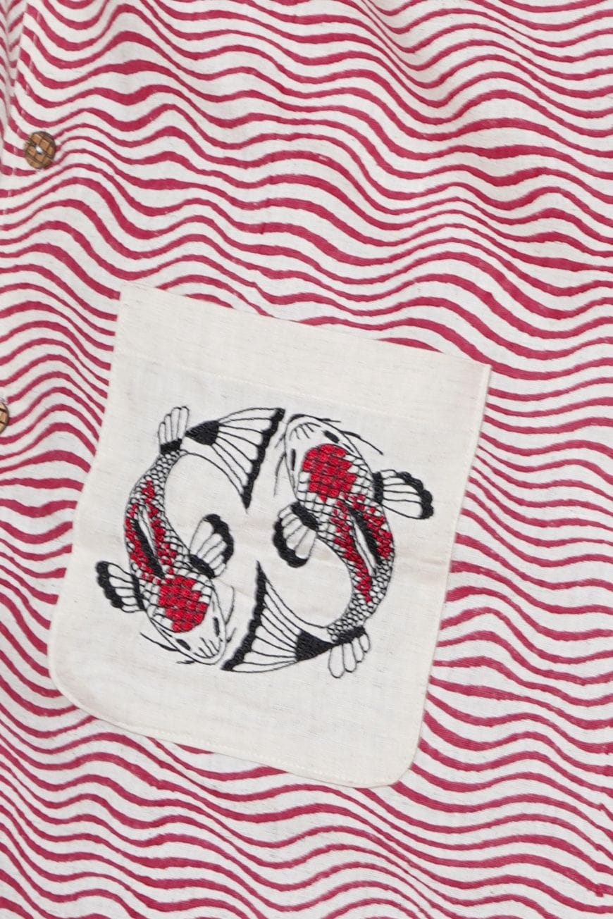 Red Koi Fish Embroidered Mens Casual Shirt