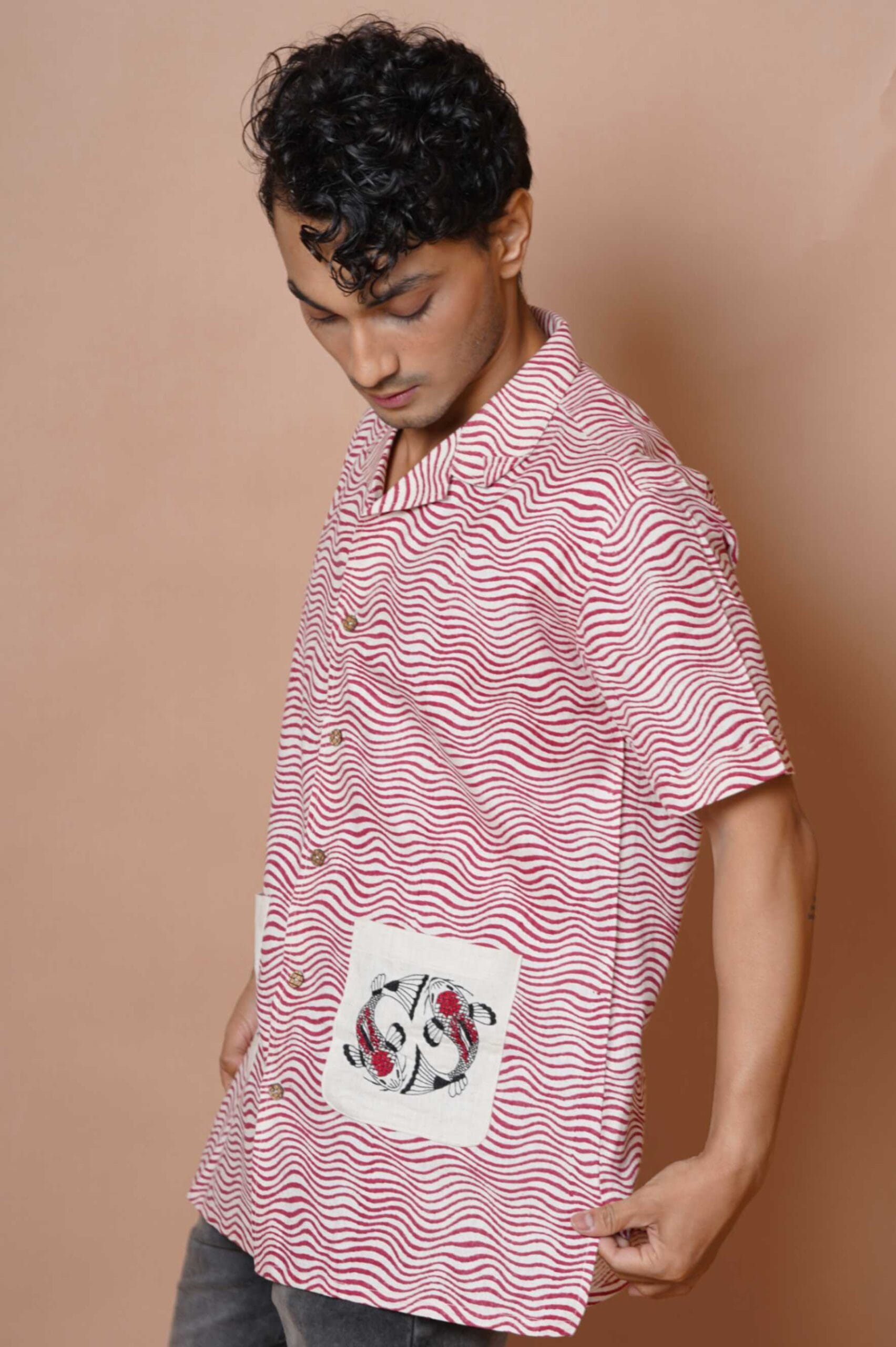 Red Koi Fish Embroidered Mens Casual Shirt