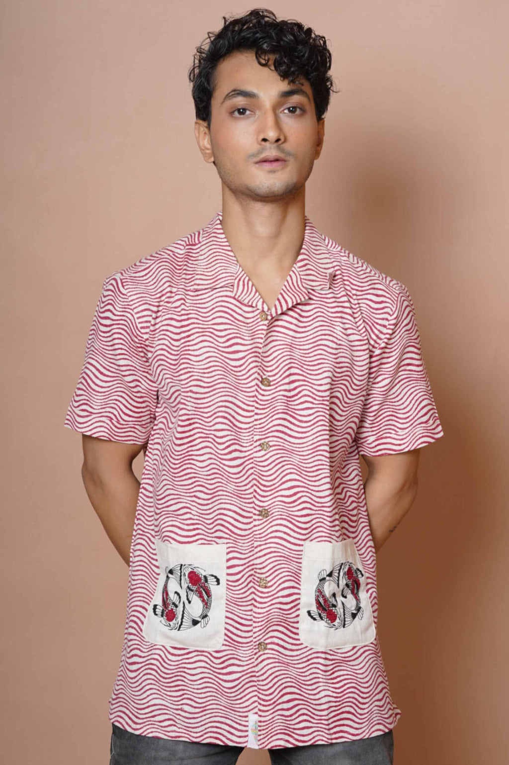 Red Koi Fish Embroidered Mens Casual Shirt