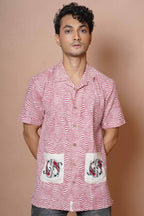 Red Koi Fish Embroidered Mens Casual Shirt