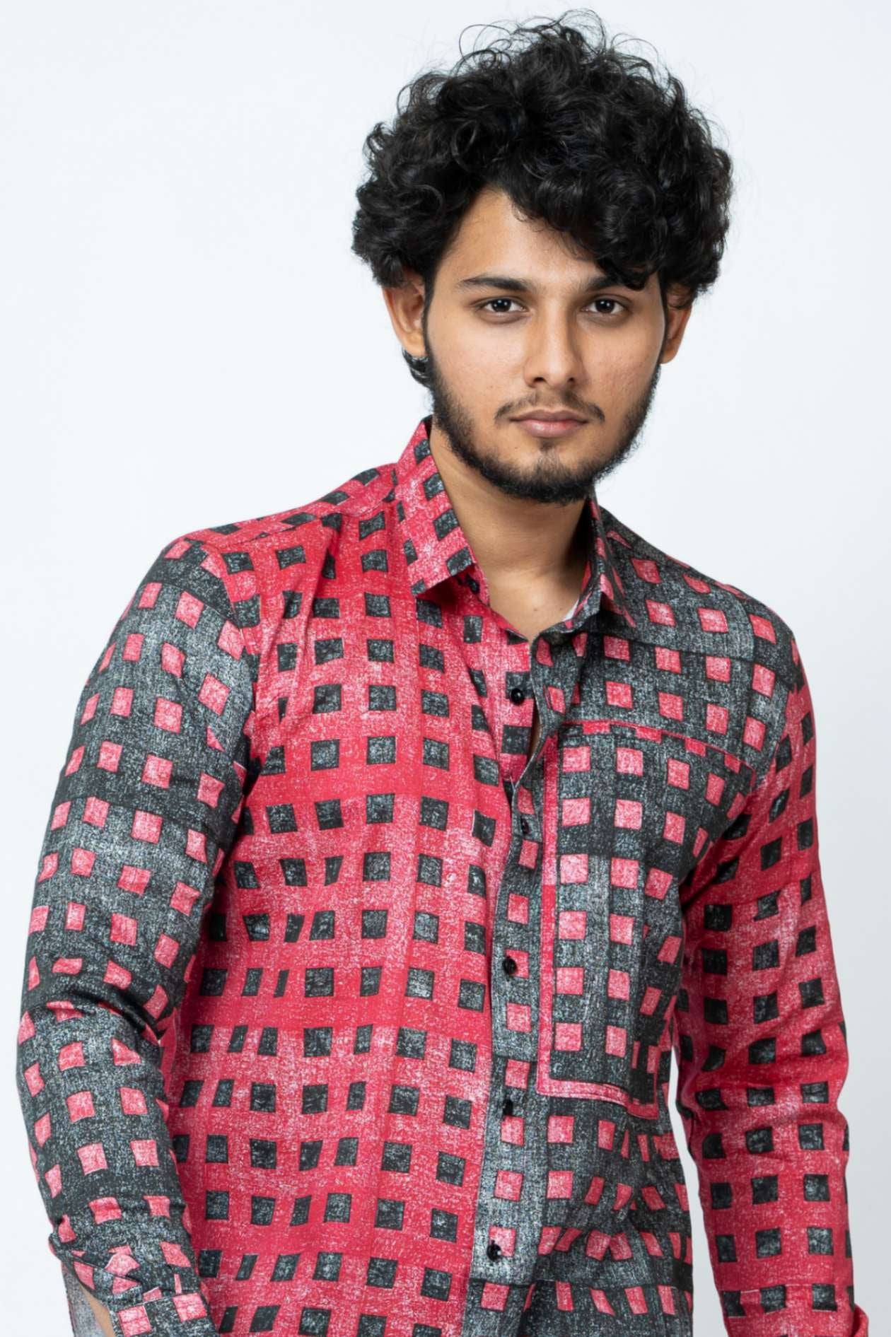 Red Black Block Print Patchwork Full Sleeve Shirt