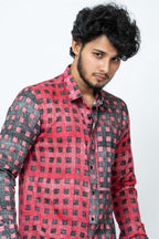 Red Black Block Print Patchwork Full Sleeve Shirt