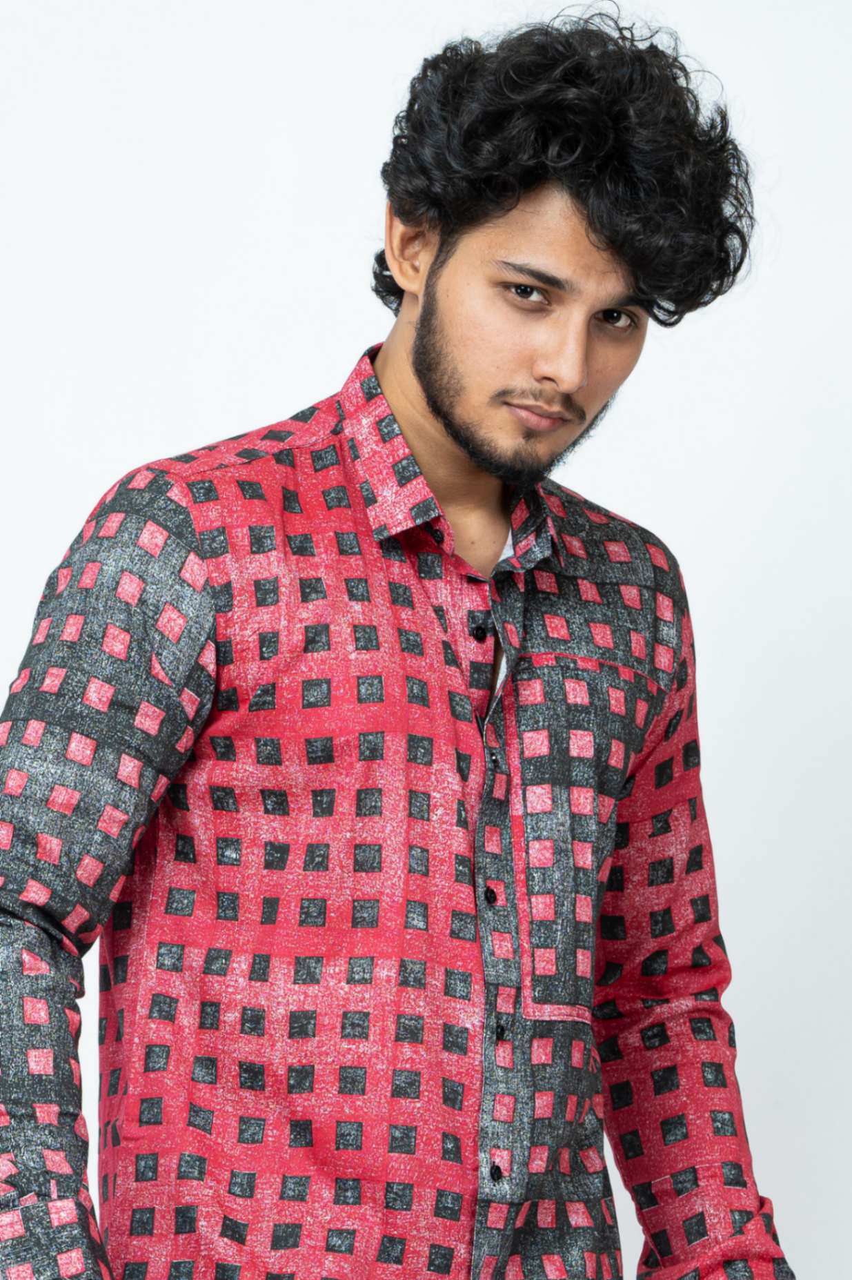 Red Black Block Print Patchwork Full Sleeve Shirt