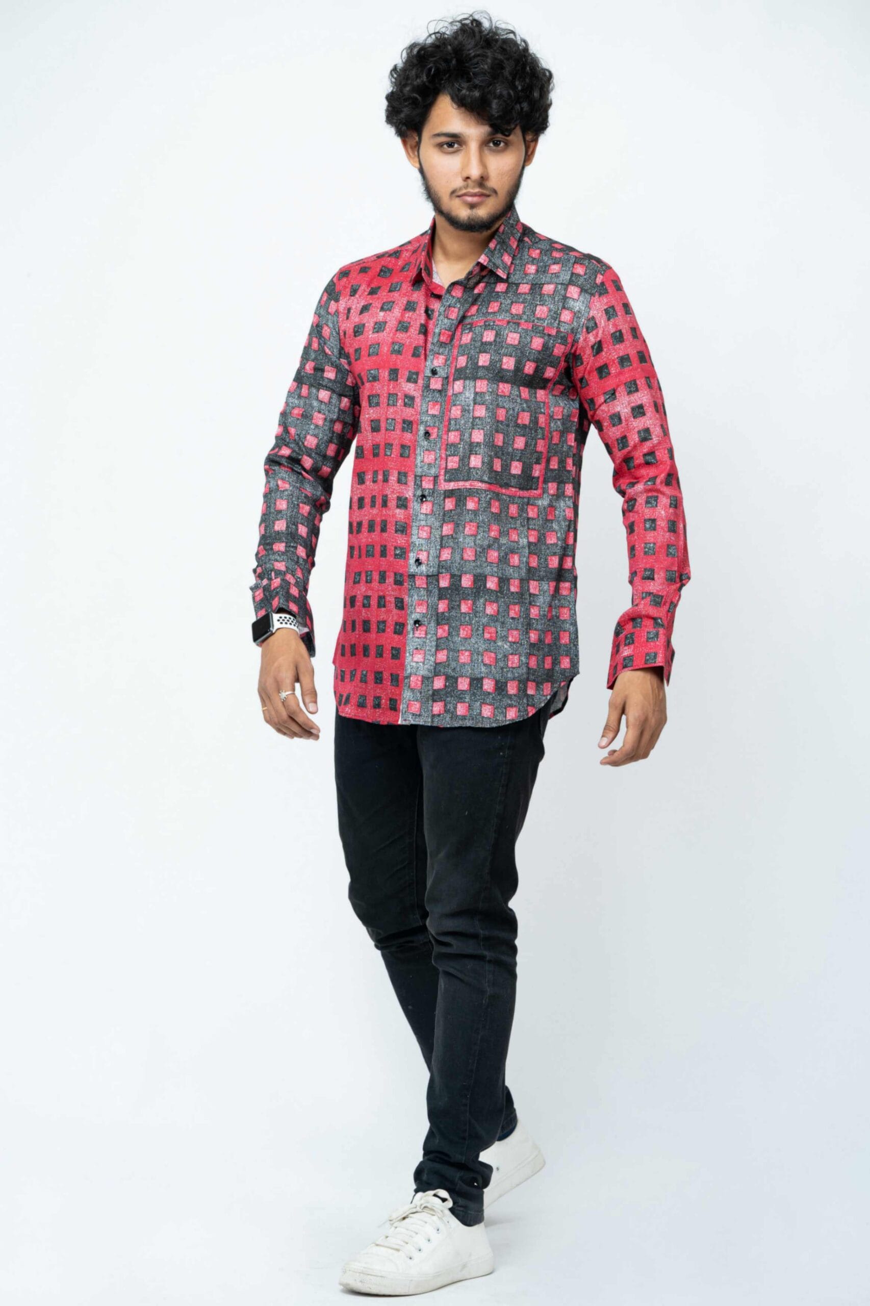Red Black Block Print Patchwork Full Sleeve Shirt
