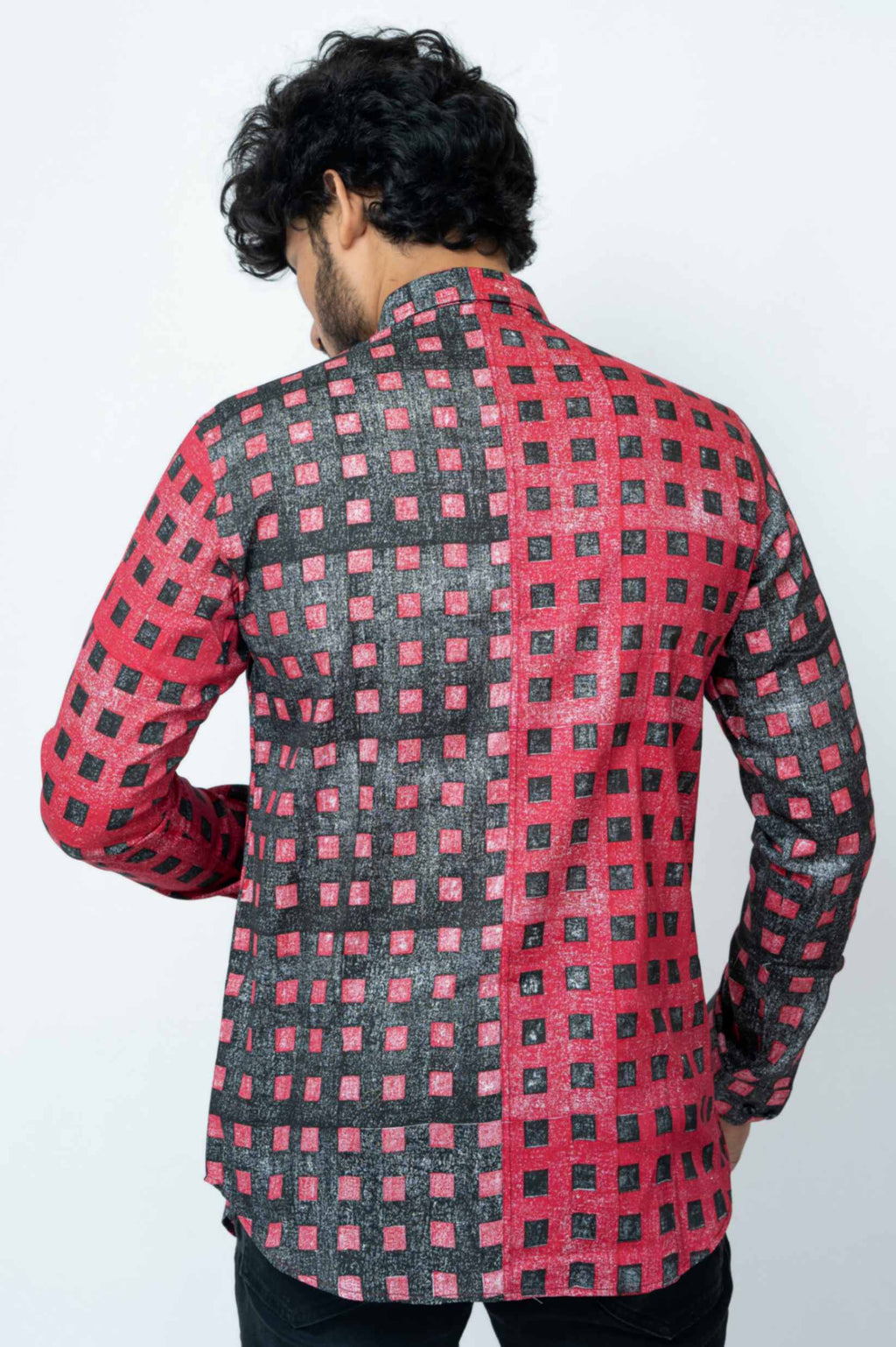 Red Black Block Print Patchwork Full Sleeve Shirt