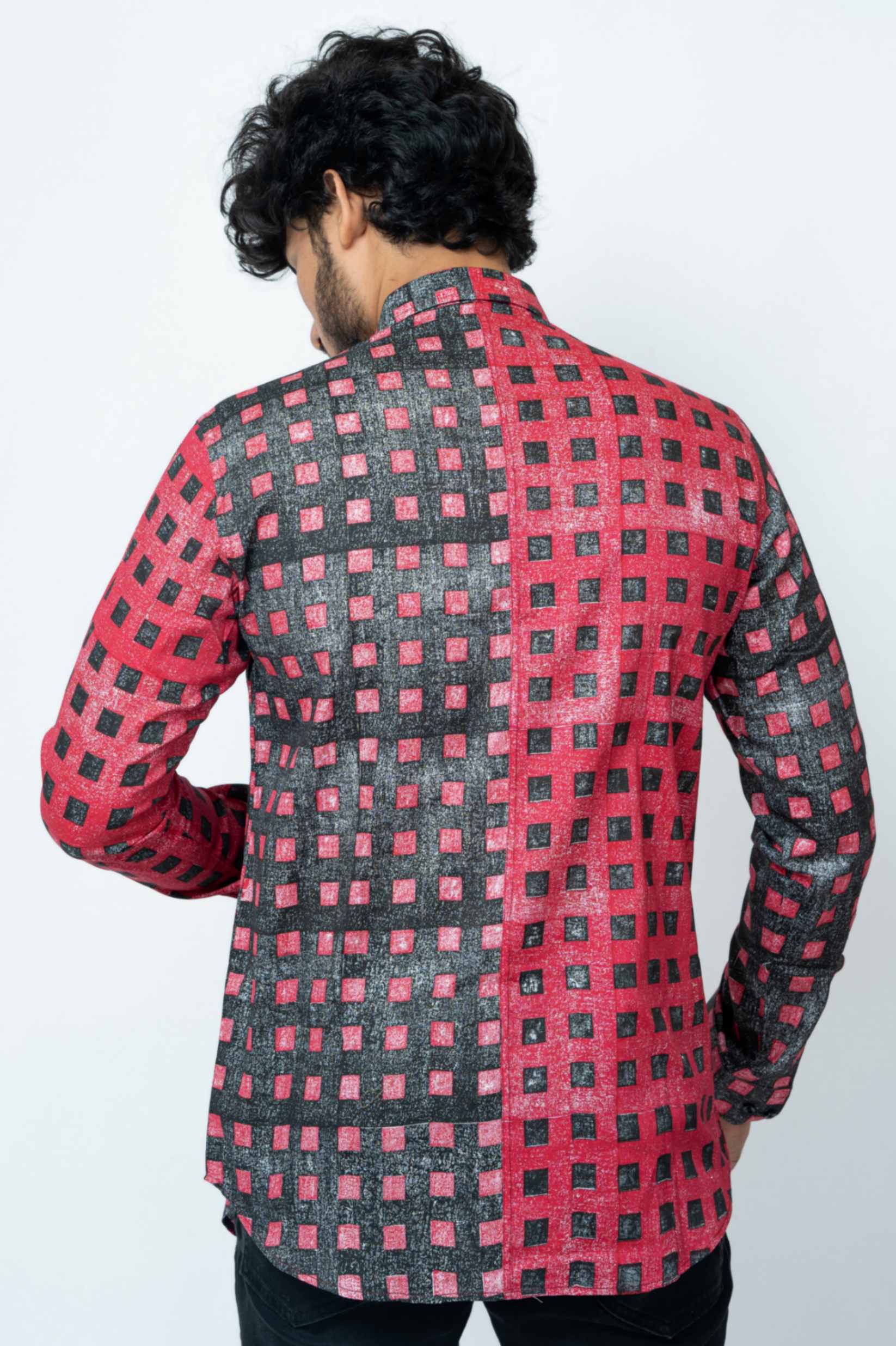Red Black Block Print Patchwork Full Sleeve Shirt