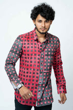 Red Black Block Print Patchwork Full Sleeve Shirt