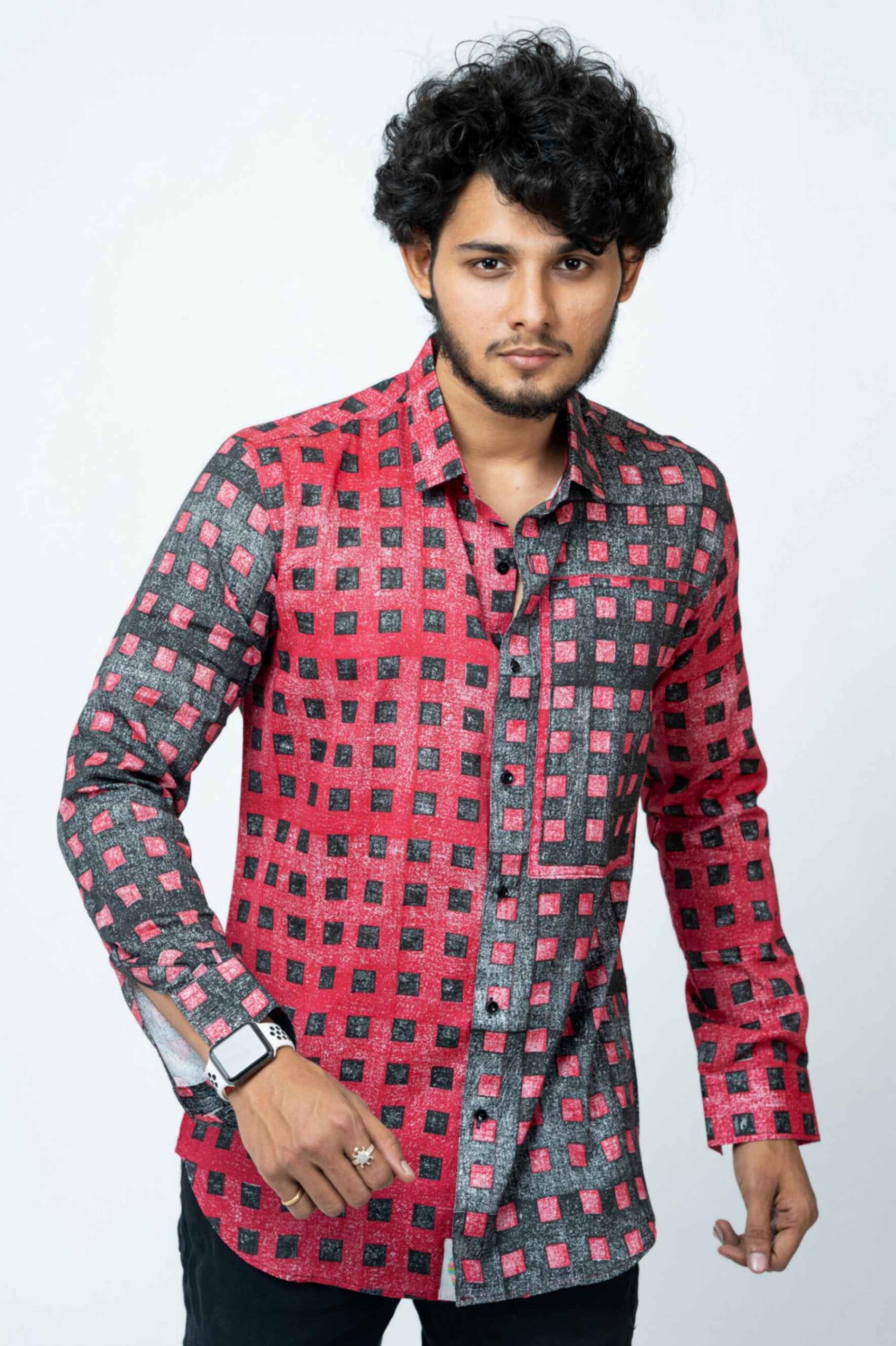 Red Black Block Print Patchwork Full Sleeve Shirt