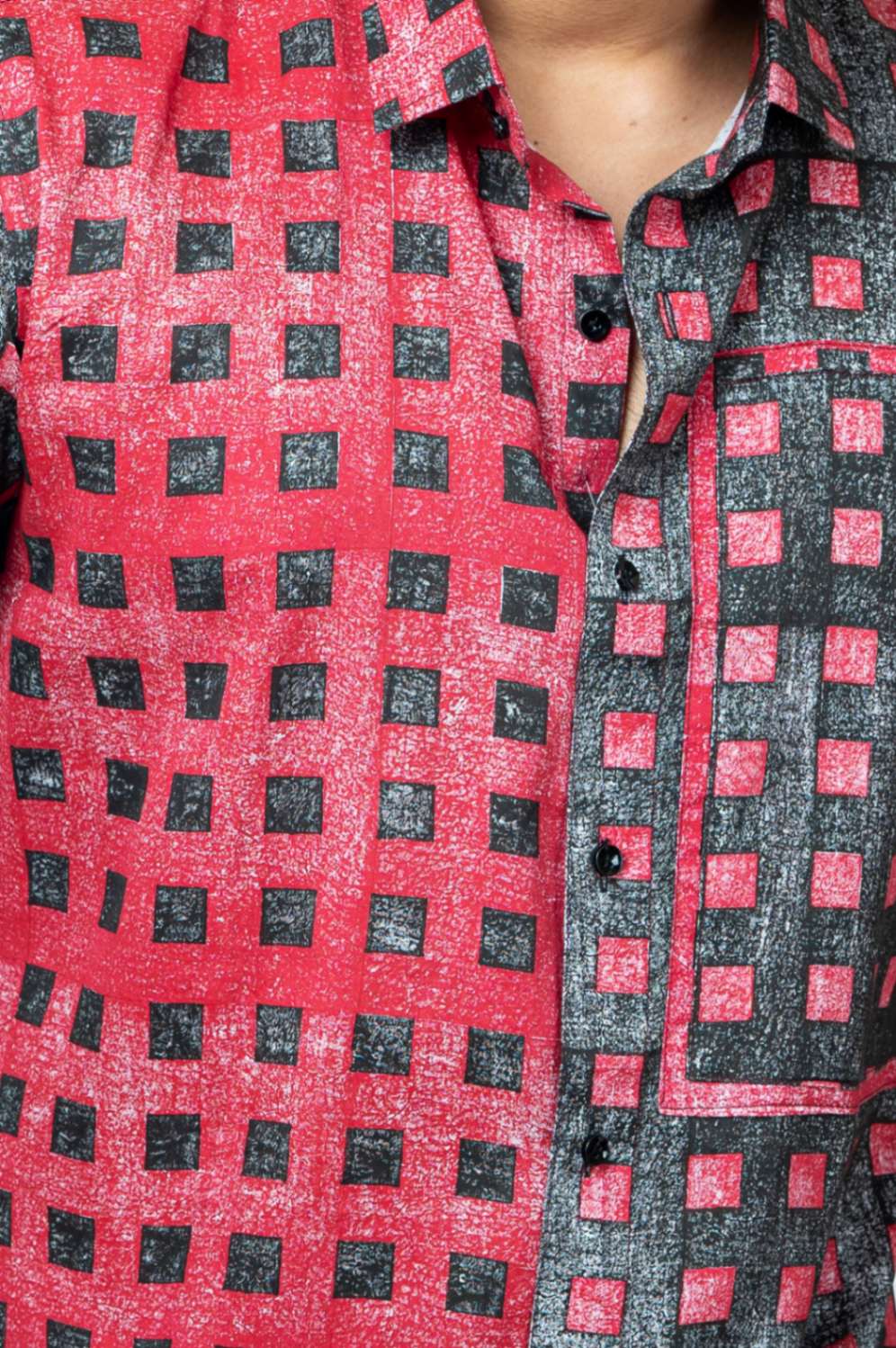 Red Black Block Print Patchwork Full Sleeve Shirt