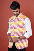 Red & Yellow Block Print Nehru Coat