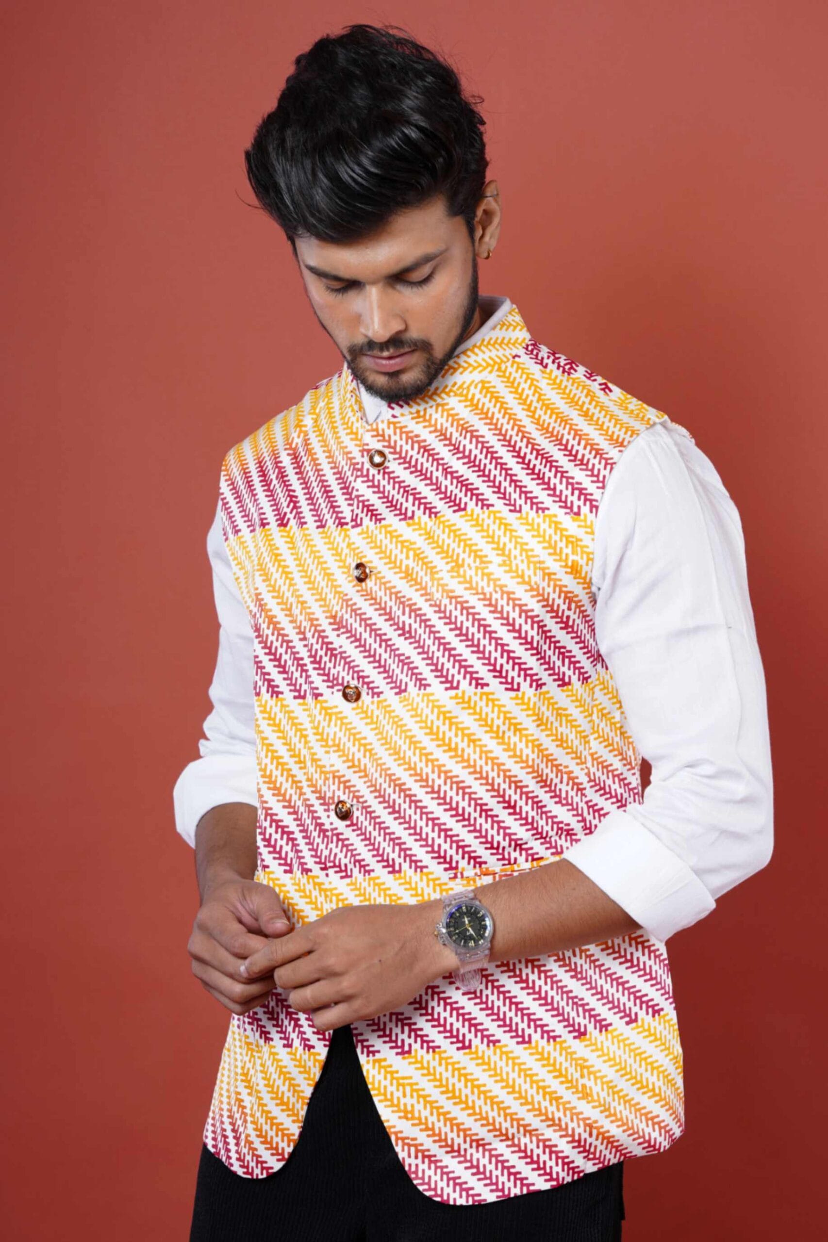 Red & Yellow Block Print Nehru Coat