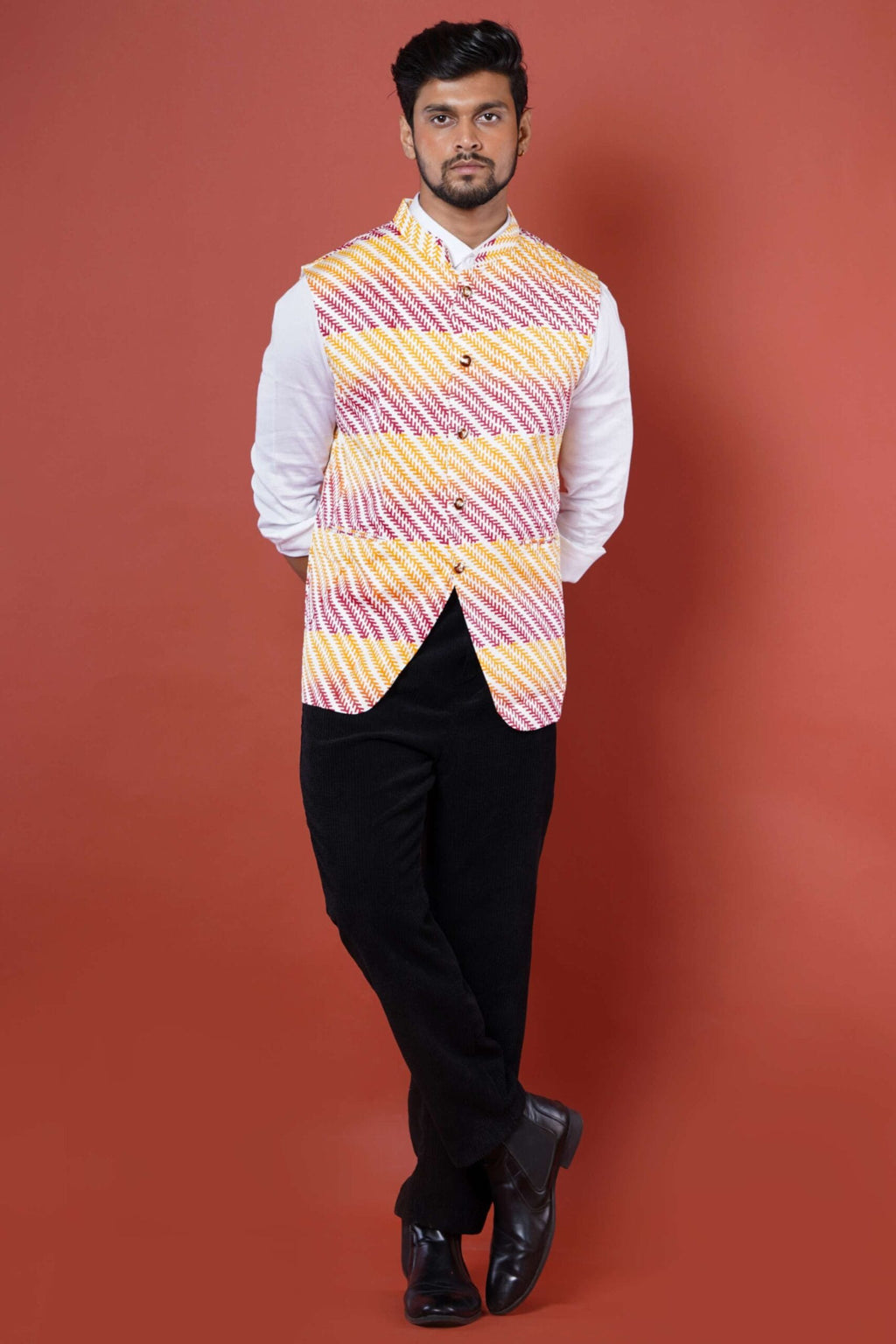 Red & Yellow Block Print Nehru Coat