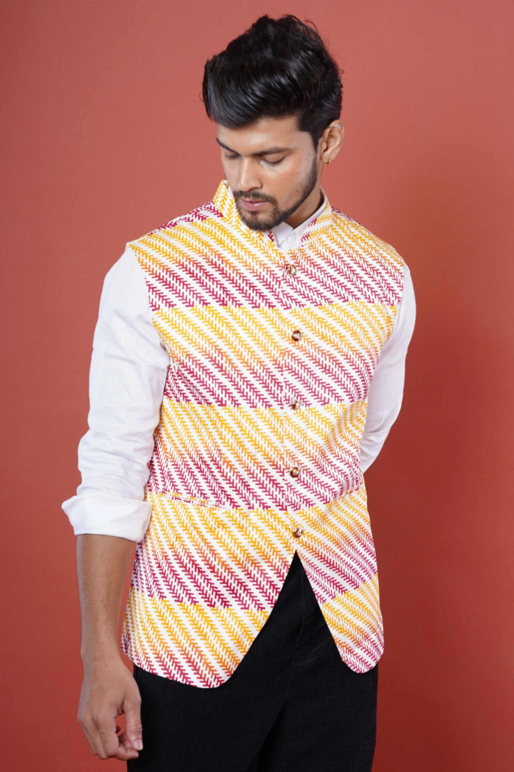 Red & Yellow Block Print Nehru Coat