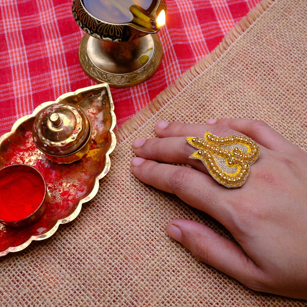 Golden Trishul Beaded Ring