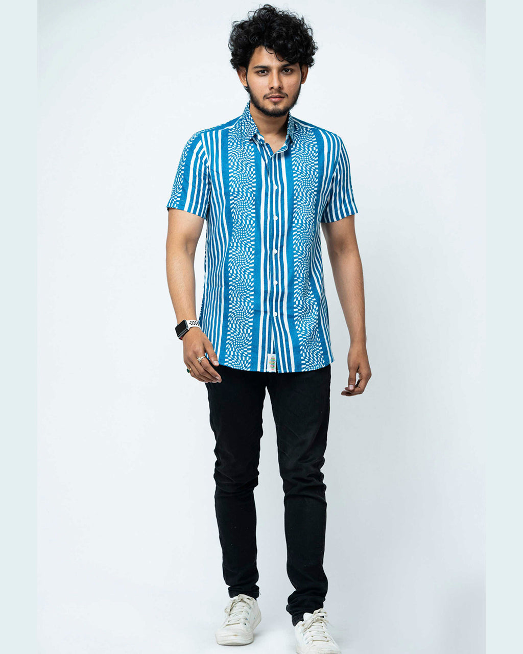 Indigo Mosaic Print  Mens Half Shirt