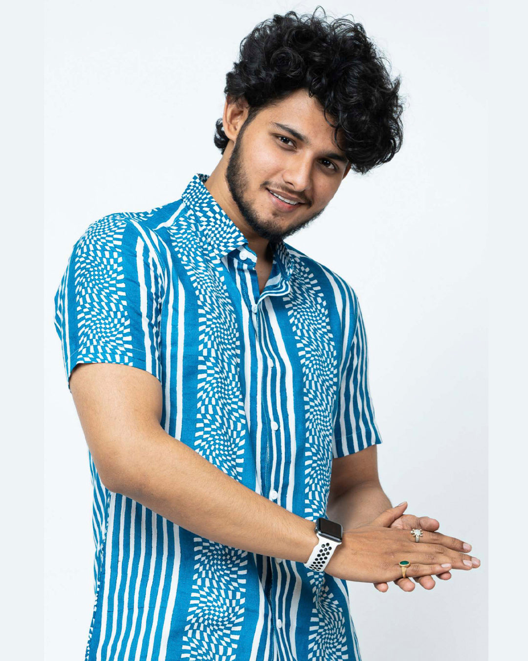 Indigo Mosaic Print  Mens Half Shirt