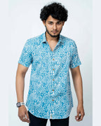 Slim Fit Cotton Shirt In Light Blue Floral Print
