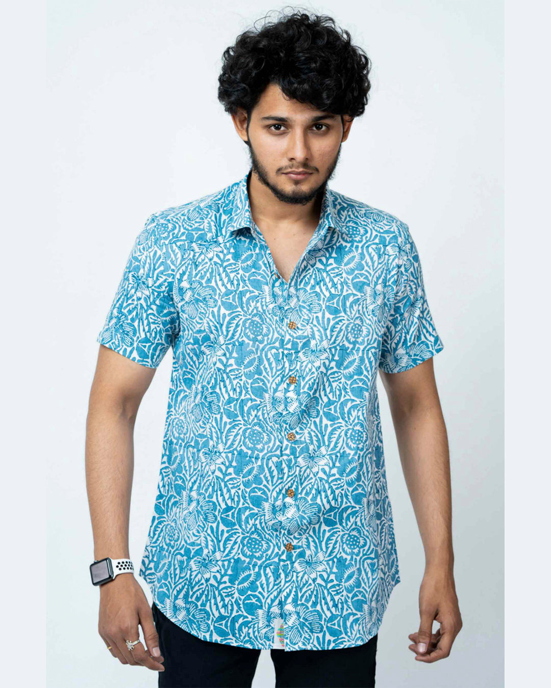 Slim Fit Cotton Shirt In Light Blue Floral Print