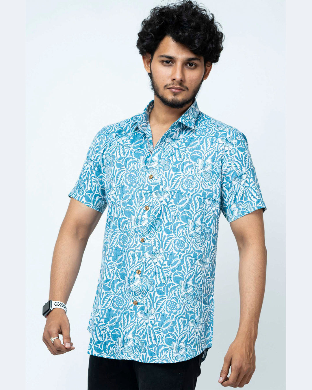 Slim Fit Cotton Shirt In Light Blue Floral Print