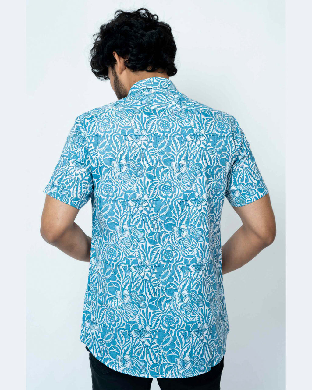 Slim Fit Cotton Shirt In Light Blue Floral Print