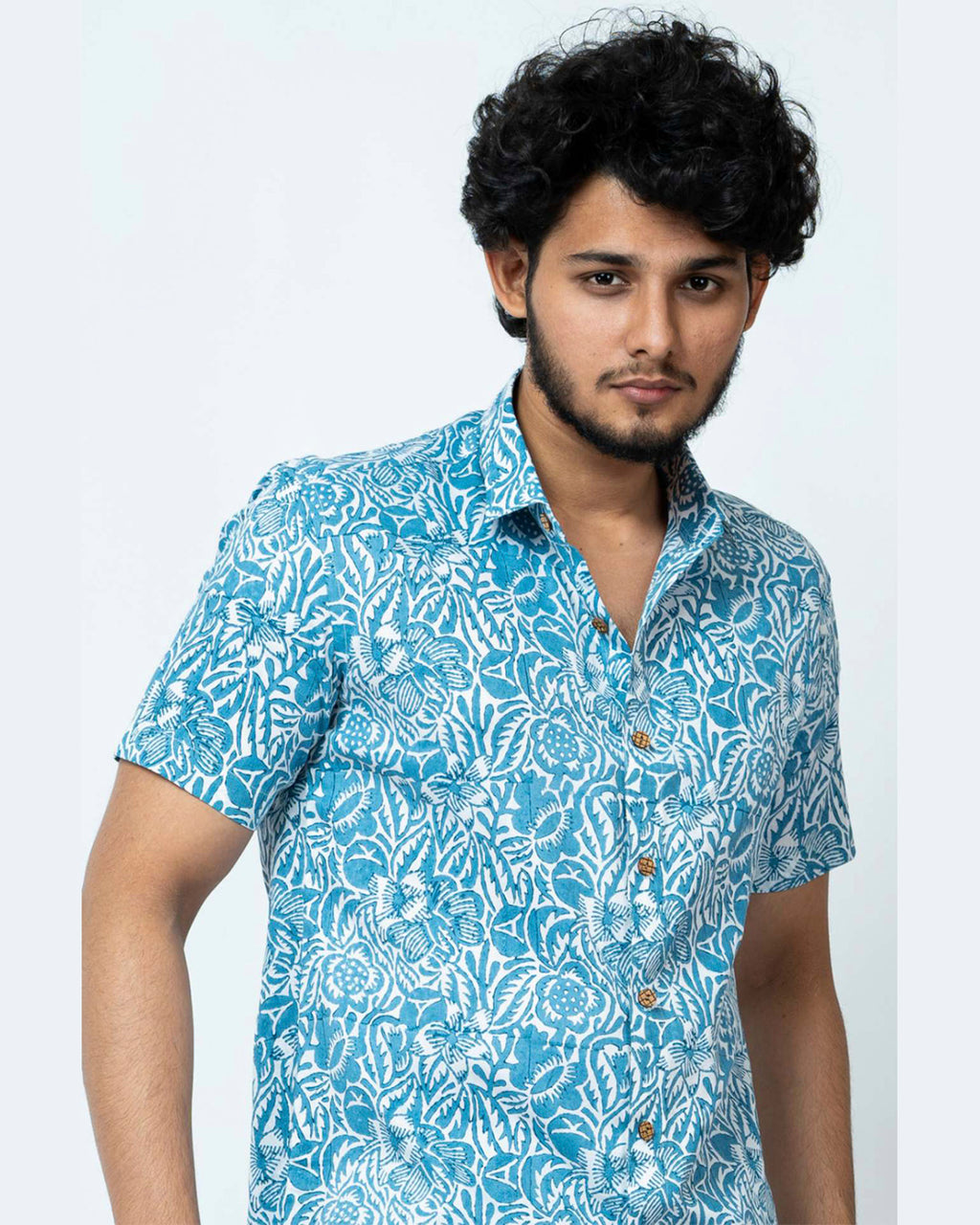 Slim Fit Cotton Shirt In Light Blue Floral Print