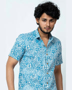 Slim Fit Cotton Shirt In Light Blue Floral Print