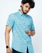 Blue Mughal Print Mens Half Shirt