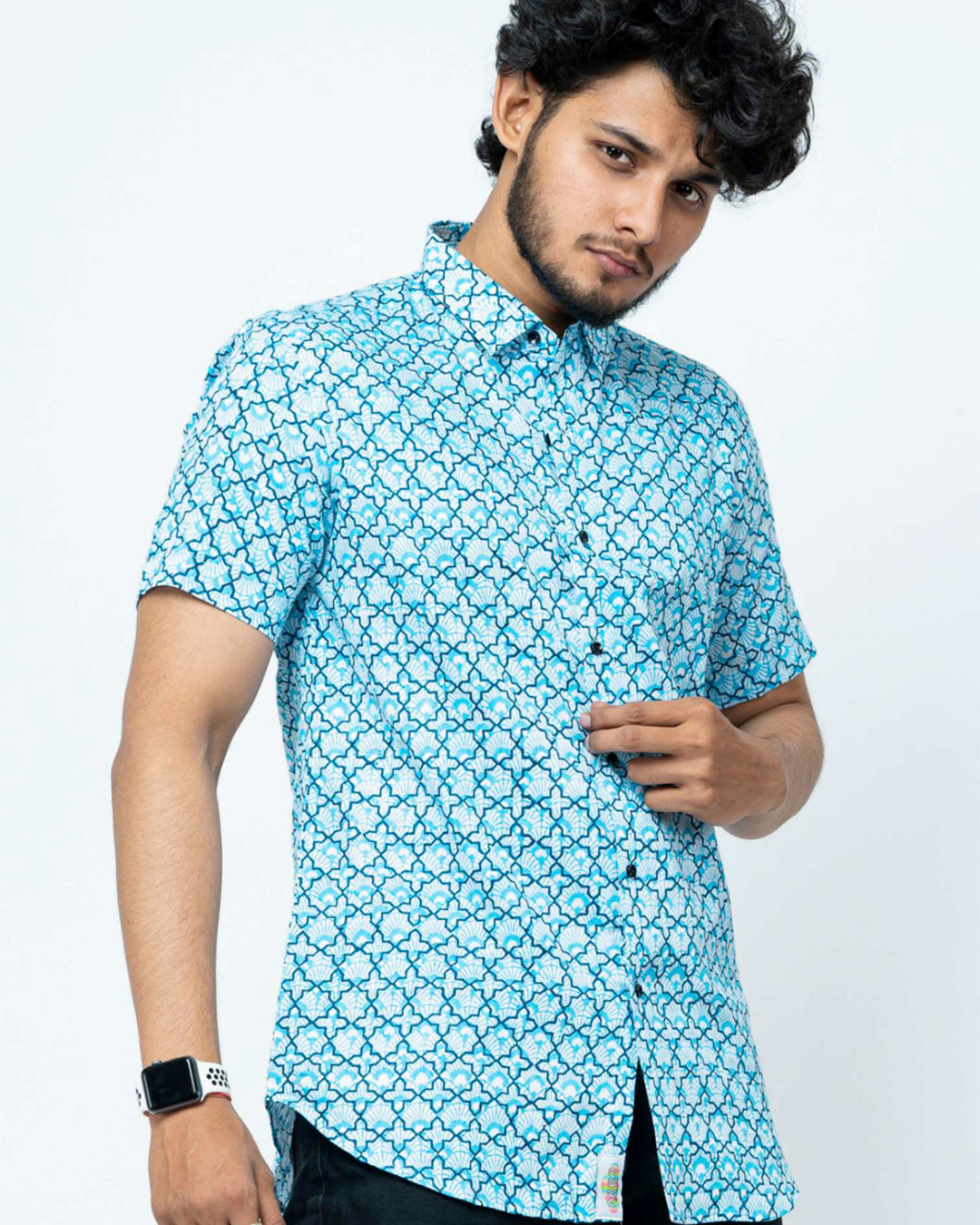 Blue Mughal Print Mens Half Shirt
