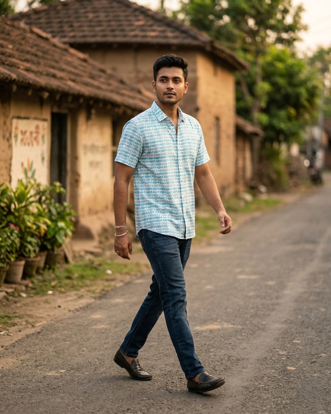 Indigo Fish Block Print Half Sleeve Shirt