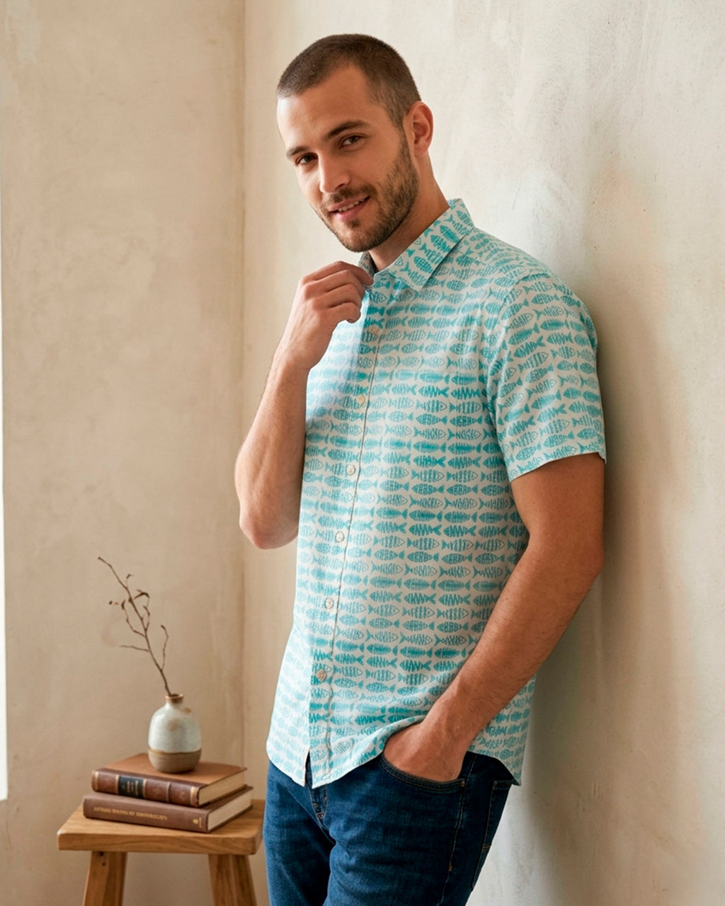Indigo Fish Block Print Half Sleeve Shirt