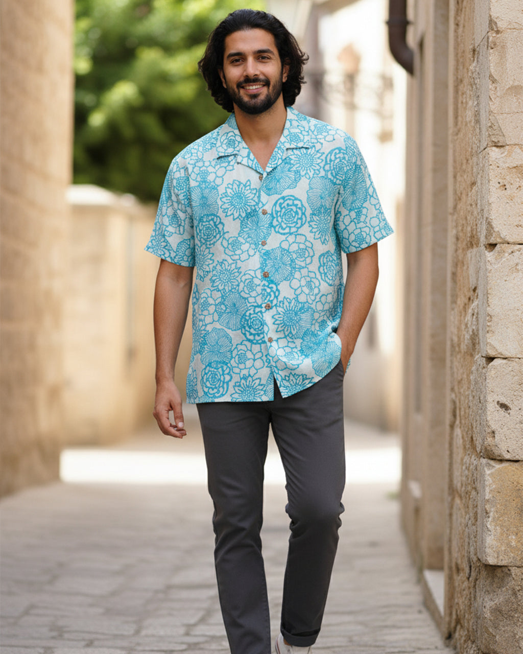 Sky Floral Print Half Sleeve Shirt